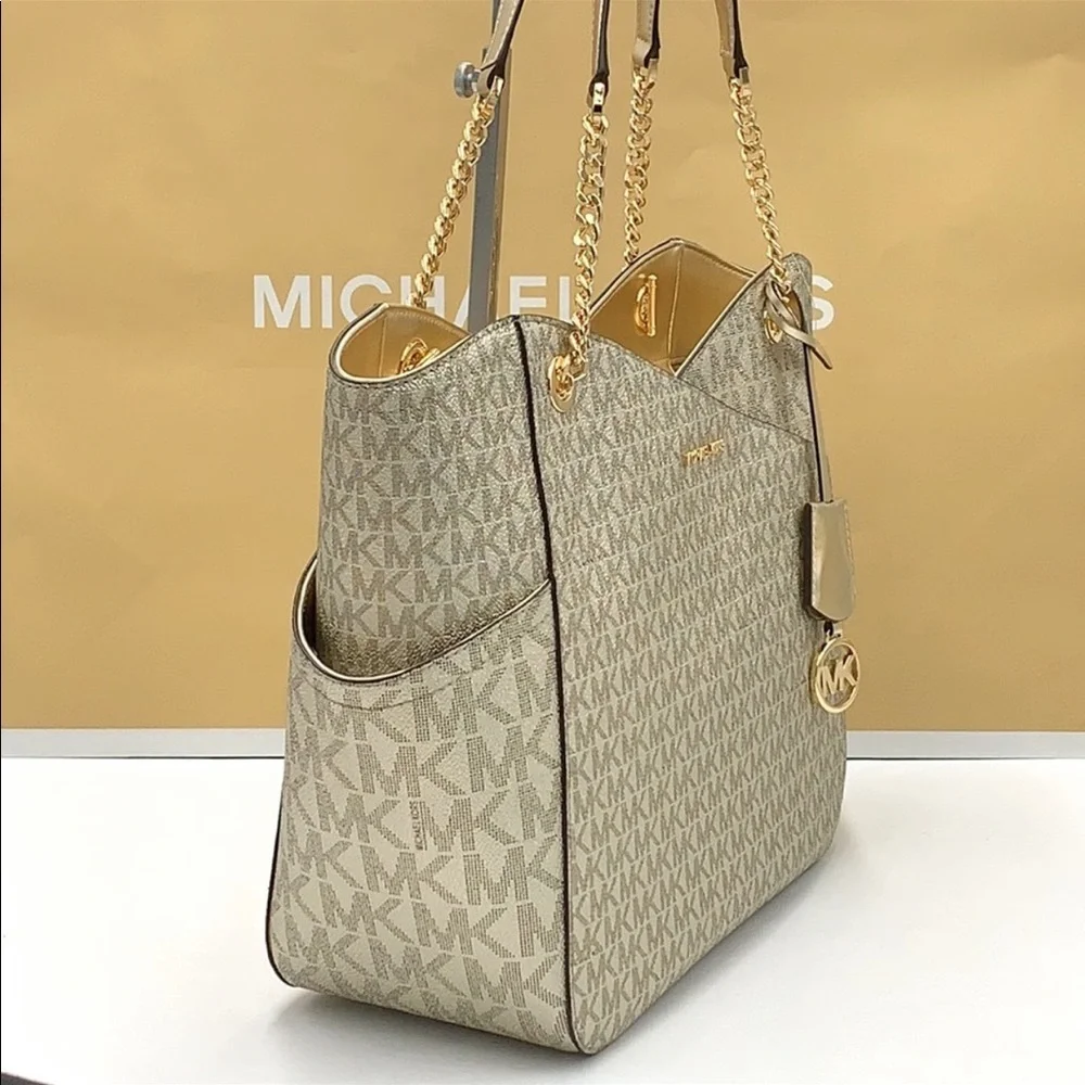 MICHAEL KORS LARGE X CHAIN SHOULDER TOTE BAG PALE GOLD COLOR